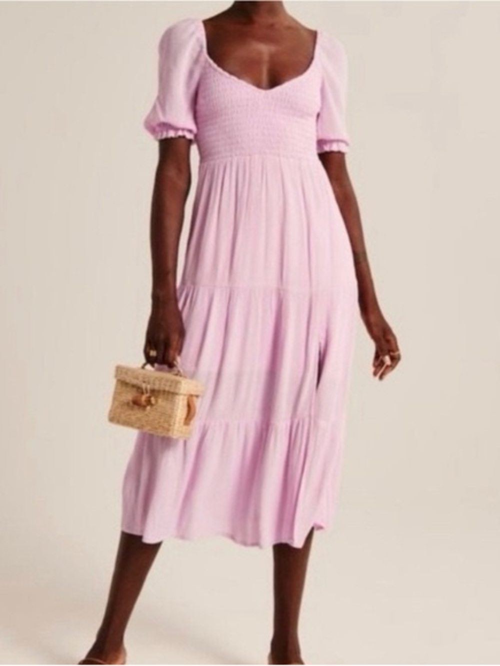 Abercrombie & Fitch Puff Sleeve Smocked Midi Dress Pink Cottagecore Milkmaid G66